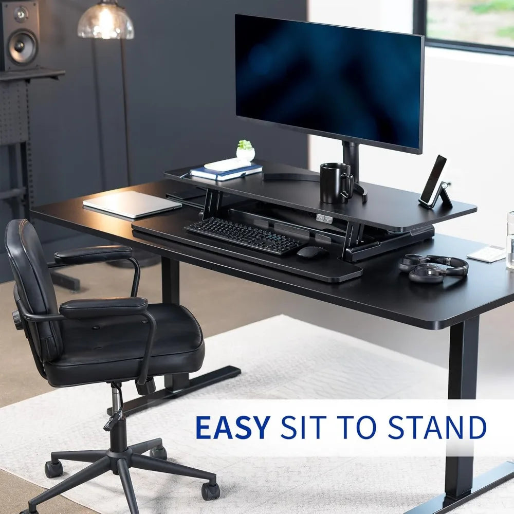 42 inch Electric Motor Desk Converter, Height Adjustable Riser, Sit to Stand Dual Monitor and Laptop Workstation with Wide Keyb