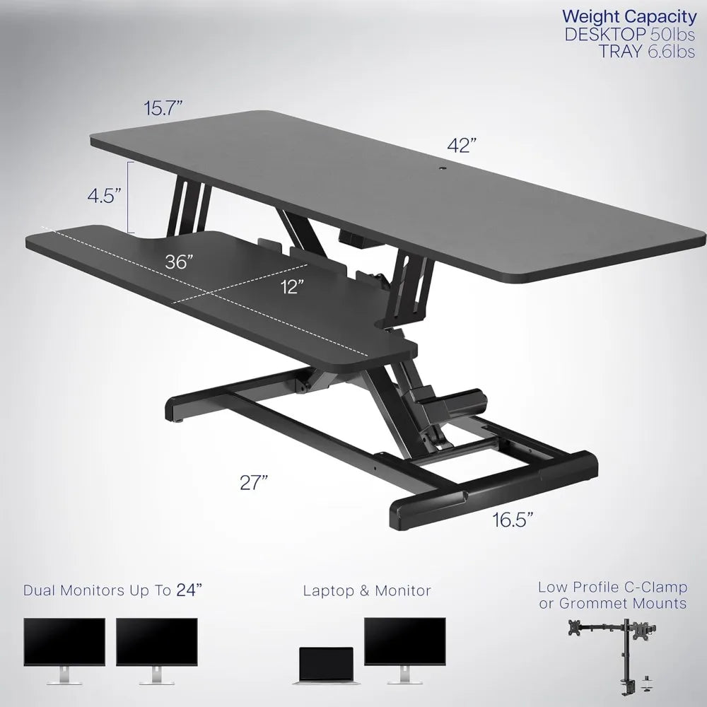 42 inch Electric Motor Desk Converter, Height Adjustable Riser, Sit to Stand Dual Monitor and Laptop Workstation with Wide Keyb