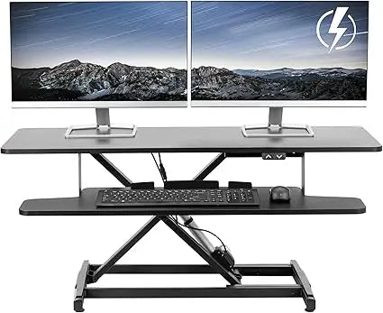 42 inch Electric Motor Desk Converter, Height Adjustable Riser, Sit to Stand Dual Monitor and Laptop Workstation with Wide Keyb