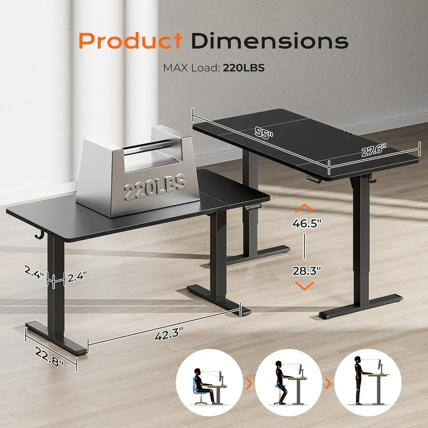 Large Electric Standing Desk 55 x 28 Height Adjustable Computer Desk 27.6 Deep Desktop with 2 Hooks for Home Office Black