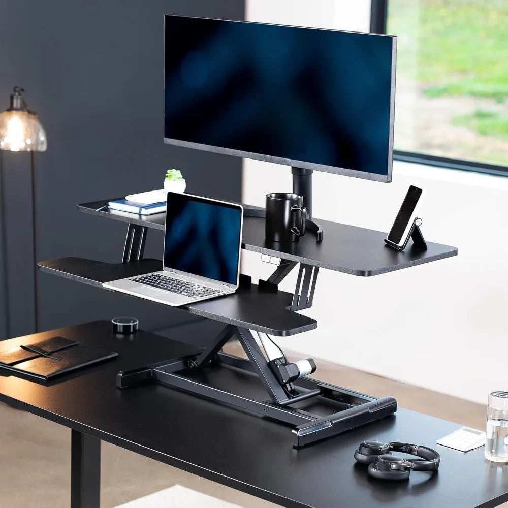 42 inch Electric Motor Desk Converter, Height Adjustable Riser, Sit to Stand Dual Monitor and Laptop Workstation with Wide Keyb