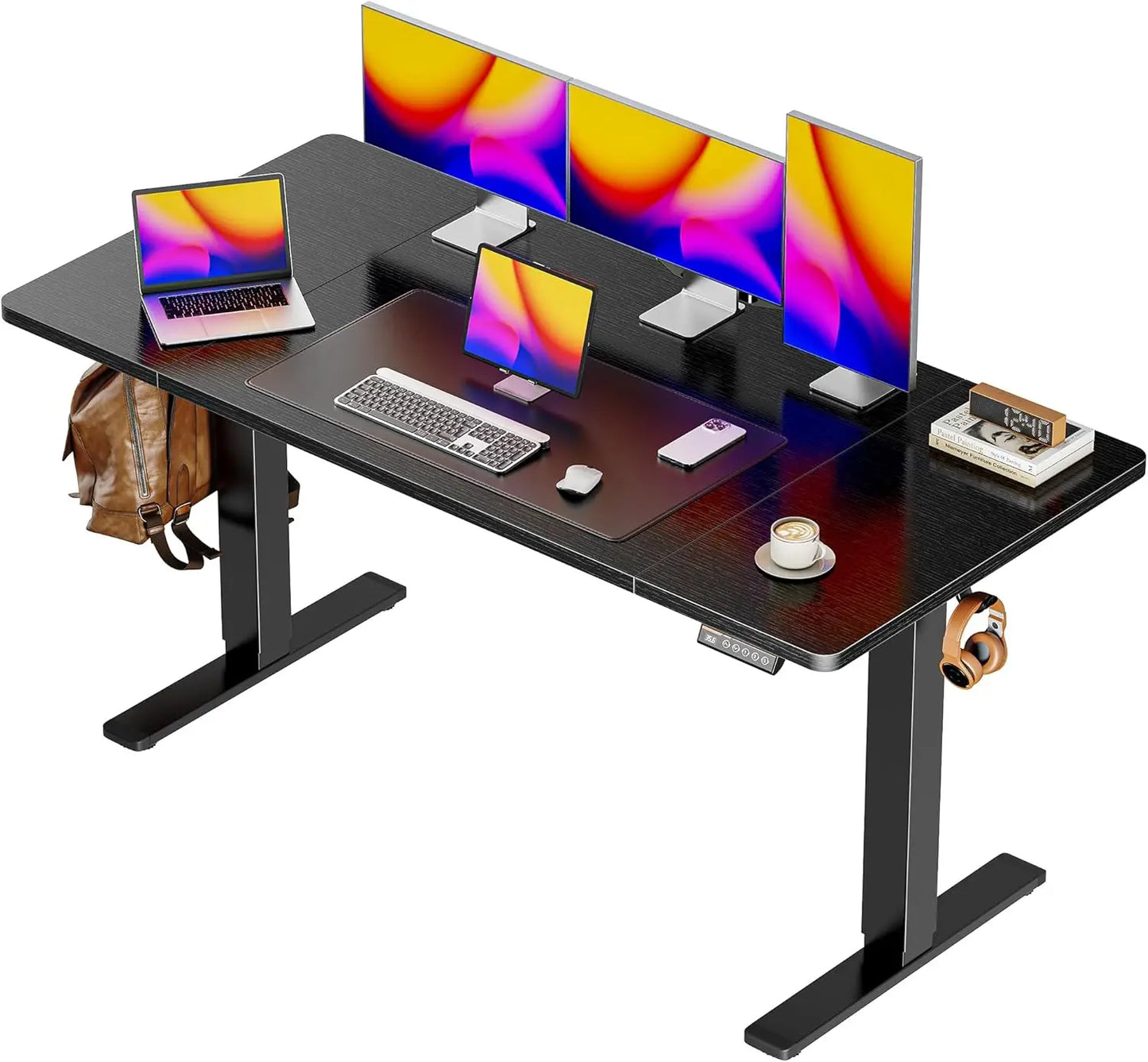Large Electric Standing Desk 55 x 28 Height Adjustable Computer Desk 27.6 Deep Desktop with 2 Hooks for Home Office Black
