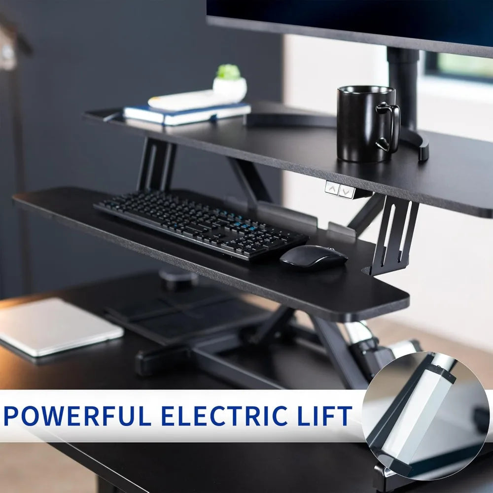 42 inch Electric Motor Desk Converter, Height Adjustable Riser, Sit to Stand Dual Monitor and Laptop Workstation with Wide Keyb