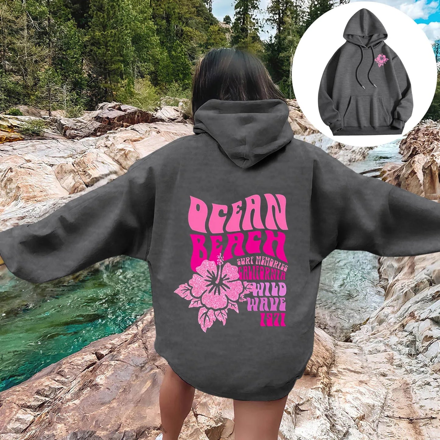 Women Sweatshirts Casual Long Sleeve Letter Graphic Tee Shirts Hooded Sweatshirts Pink Palm Puff Streetwear Fleece Warm Top
