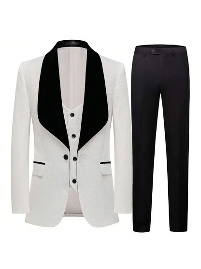 Mens 3 Piece Floral Tuxedo, Jacquard Slim Suit Set, Paisley Blazer Vest And Pants For Prom Wedding