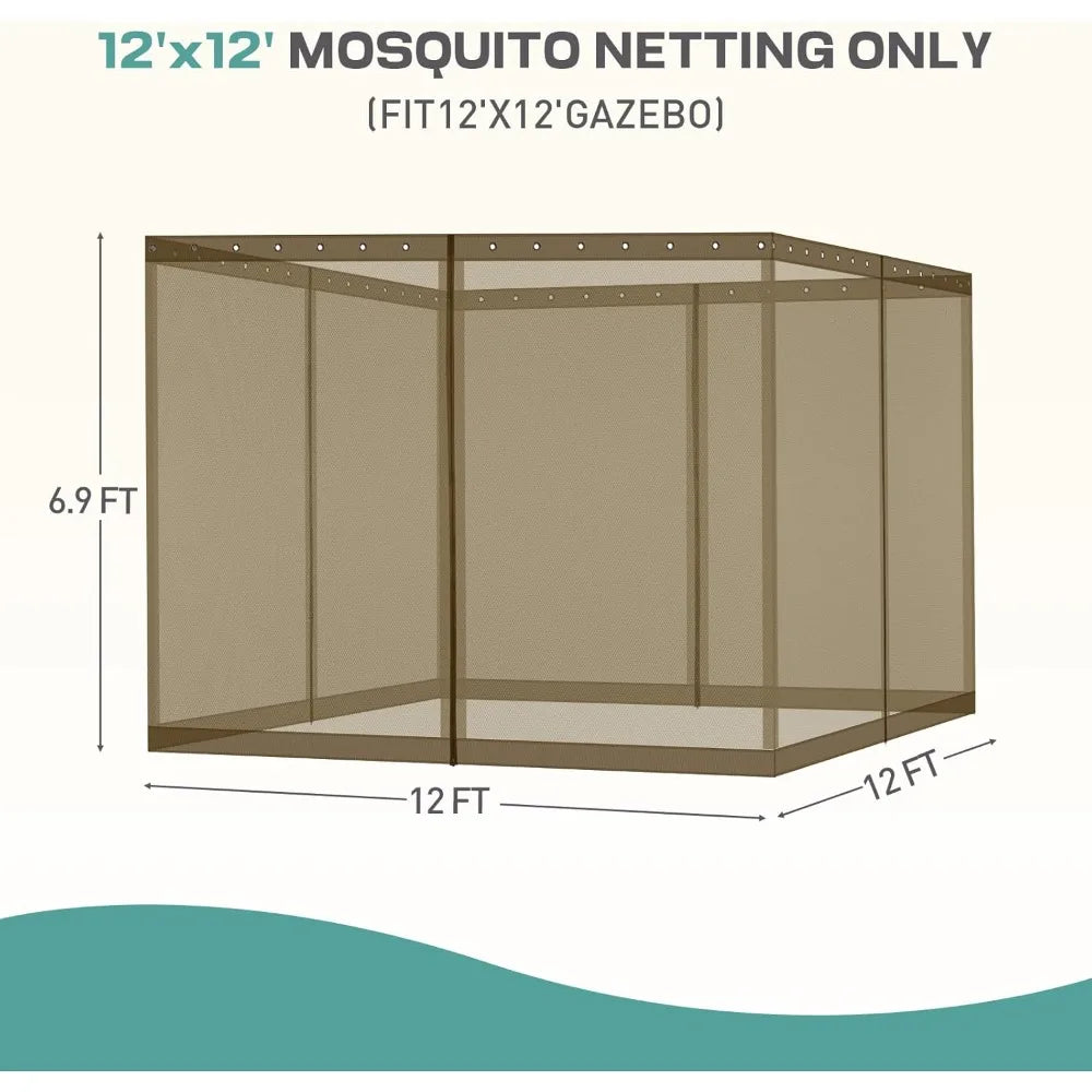 Universal 12x12 ft Gazebo Mosquito Netting, Replacement 4-Panel Sidewalls with Double Zippers for Patio, Backyard, Deck, and La