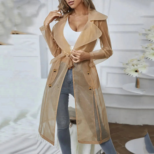 Jackets For Womens Mesh Transparent Overcoat Long Sleeve Buttoned Coat With Belt Turndown Collar Light Weight Long Jackets
