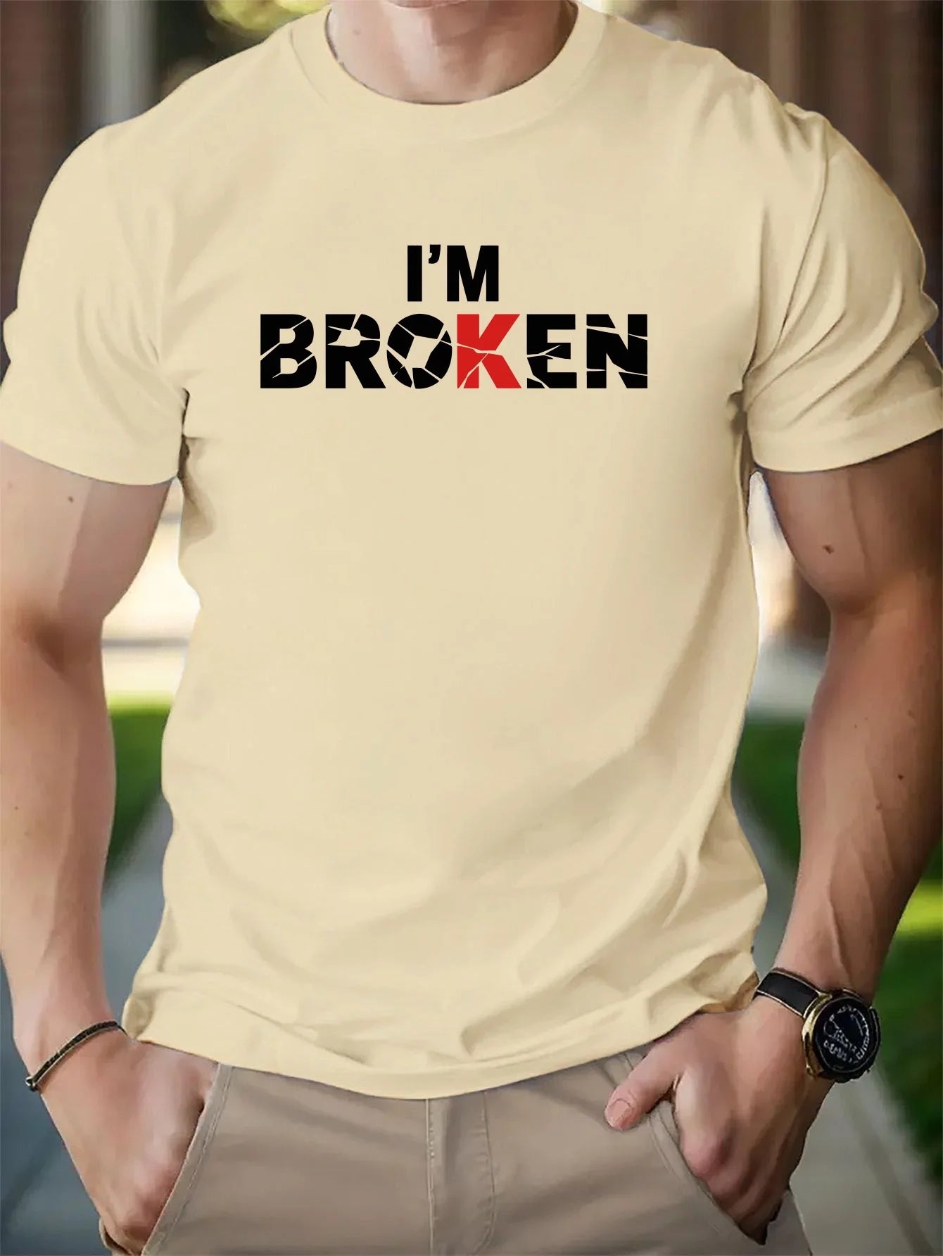 Fashion I'M BROKEN Print, Cotton Short Sleeve T-shirt For Men, Spring And Summer Round Neck Casual Versatile Cotton Top