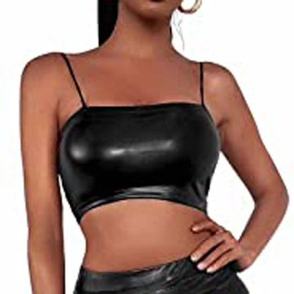 Women Sexy Black Latex Leather Crop Top Spaghetti Strap Sexy Tank Tops Ladies Vest Summer Backless Y2k Vest Tops Clubwear