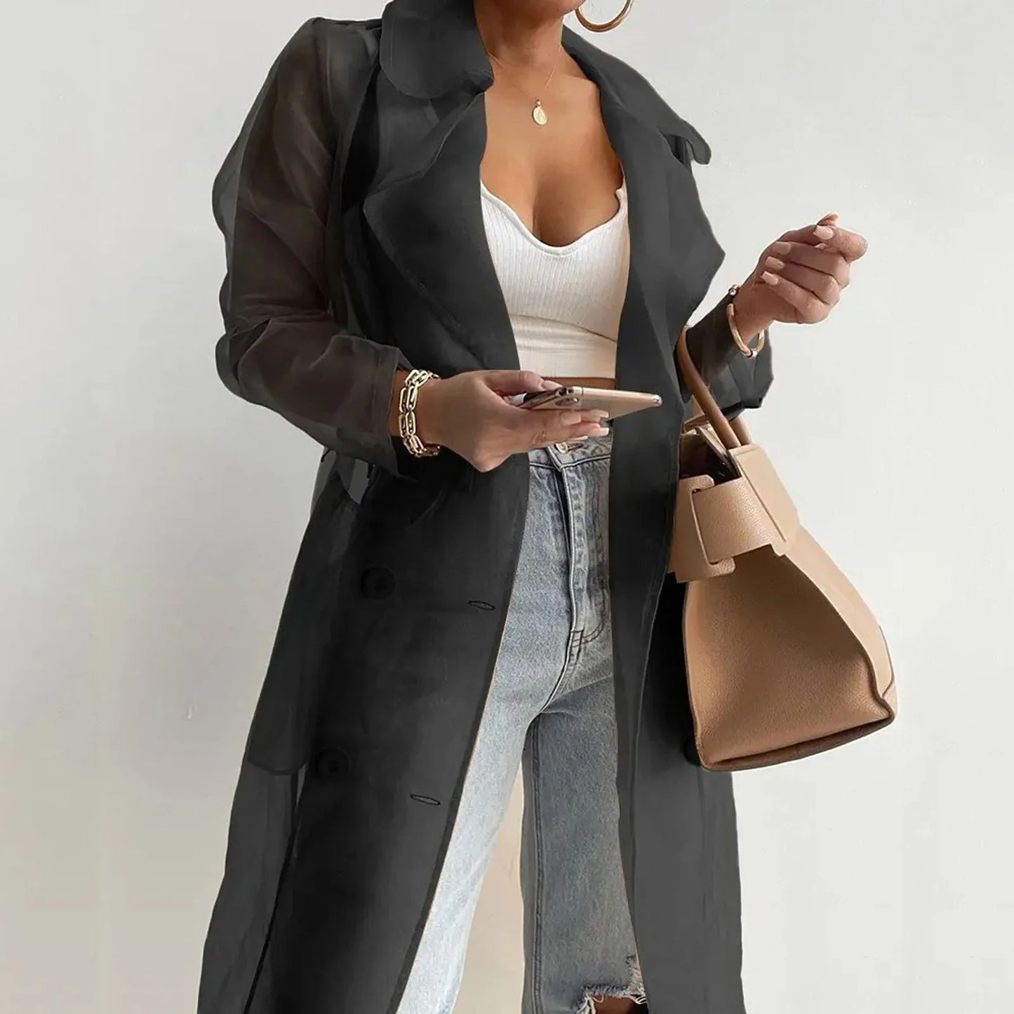 Jackets For Womens Mesh Transparent Overcoat Long Sleeve Buttoned Coat With Belt Turndown Collar Light Weight Long Jackets