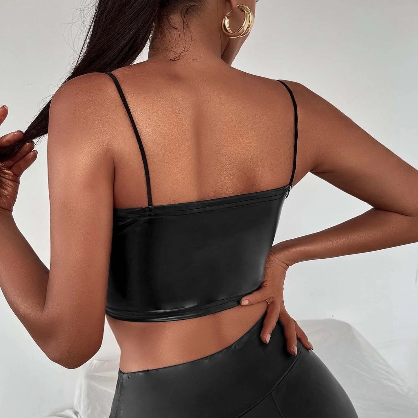 Women Sexy Black Latex Leather Crop Top Spaghetti Strap Sexy Tank Tops Ladies Vest Summer Backless Y2k Vest Tops Clubwear