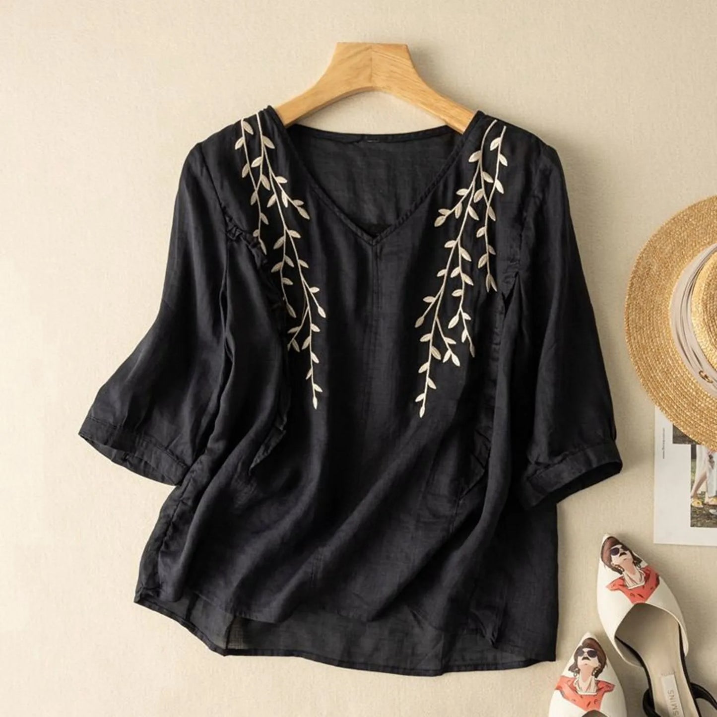 Solid Cotton Linen Blouse Women Vintage Embroidery Chiffon Shirts Loose Thin Oversized Tops Tunic Blouses Indie Folk Blusas Tops