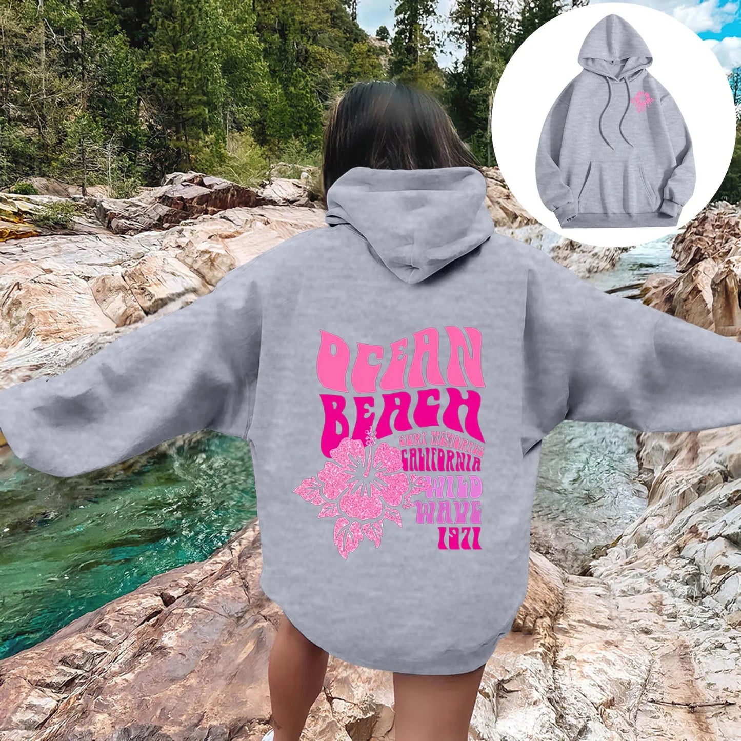 Women Sweatshirts Casual Long Sleeve Letter Graphic Tee Shirts Hooded Sweatshirts Pink Palm Puff Streetwear Fleece Warm Top