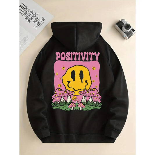 Men Oversized Positivity Hoodie Melted Smiley Face Graphic Sweatshirt Trippy Mushroom Print Streetwear Loose Top