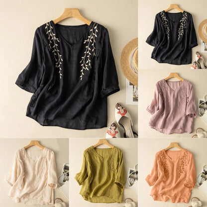 Solid Cotton Linen Blouse Women Vintage Embroidery Chiffon Shirts Loose Thin Oversized Tops Tunic Blouses Indie Folk Blusas Tops