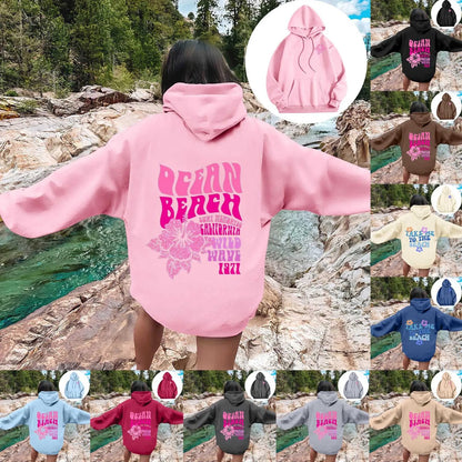 Women Sweatshirts Casual Long Sleeve Letter Graphic Tee Shirts Hooded Sweatshirts Pink Palm Puff Streetwear Fleece Warm Top