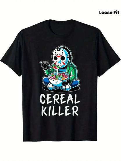 Mens 100 Cotton Cereal Killer Graphic TShirt Streetwear Loose Fit Short Sleeve Tee with Humorous Print Breathable Casual Top