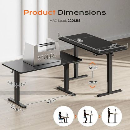 Large Electric Standing Desk 55 x 28 Height Adjustable Computer Desk 27.6 Deep Desktop with 2 Hooks for Home Office Black
