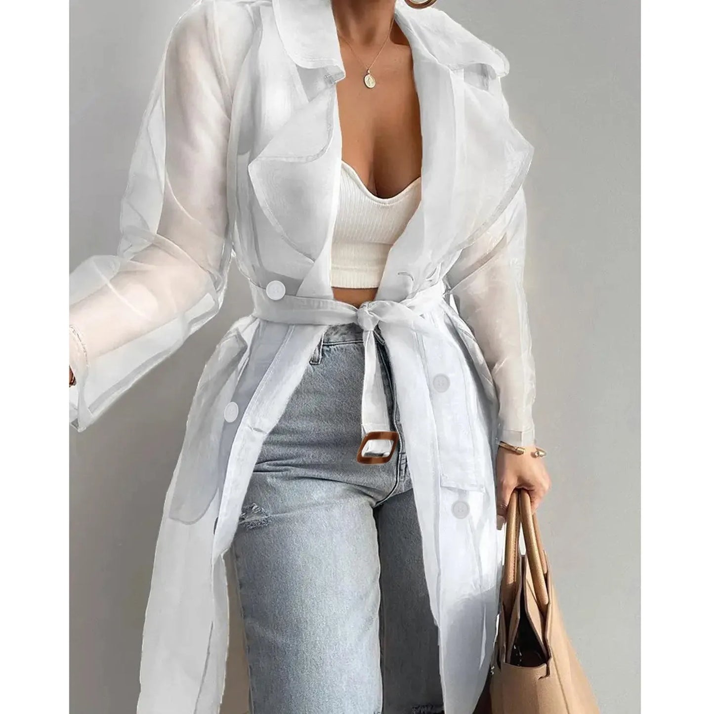 Jackets For Womens Mesh Transparent Overcoat Long Sleeve Buttoned Coat With Belt Turndown Collar Light Weight Long Jackets