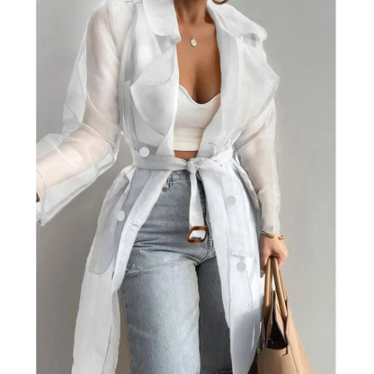 Jackets For Womens Mesh Transparent Overcoat Long Sleeve Buttoned Coat With Belt Turndown Collar Light Weight Long Jackets