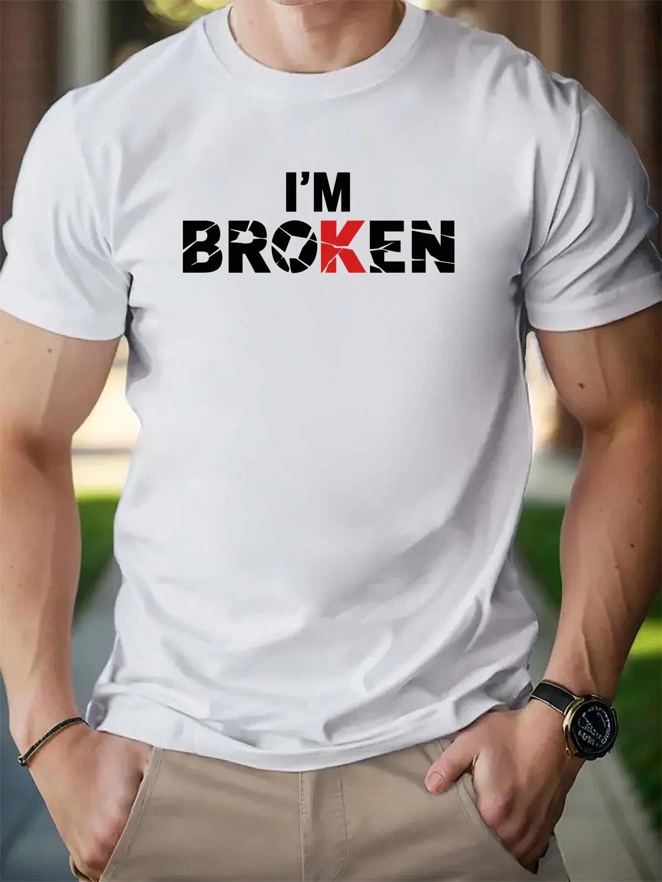 Fashion I'M BROKEN Print, Cotton Short Sleeve T-shirt For Men, Spring And Summer Round Neck Casual Versatile Cotton Top