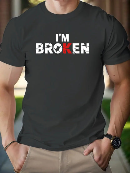 Fashion I'M BROKEN Print, Cotton Short Sleeve T-shirt For Men, Spring And Summer Round Neck Casual Versatile Cotton Top