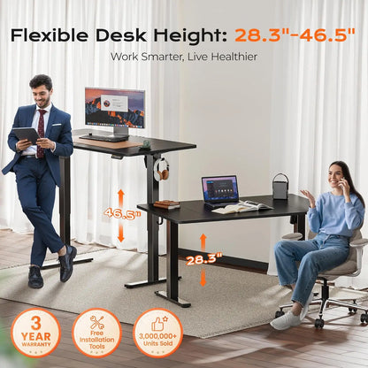 Large Electric Standing Desk 55 x 28 Height Adjustable Computer Desk 27.6 Deep Desktop with 2 Hooks for Home Office Black