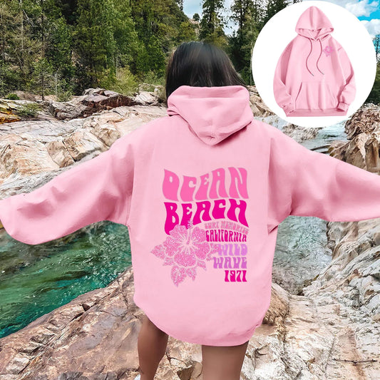 Women Sweatshirts Casual Long Sleeve Letter Graphic Tee Shirts Hooded Sweatshirts Pink Palm Puff Streetwear Fleece Warm Top