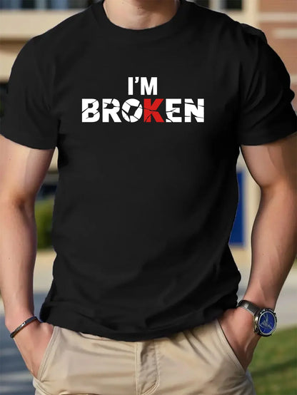 Fashion I'M BROKEN Print, Cotton Short Sleeve T-shirt For Men, Spring And Summer Round Neck Casual Versatile Cotton Top