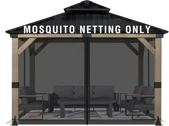 Universal 12x12 ft Gazebo Mosquito Netting, Replacement 4-Panel Sidewalls with Double Zippers for Patio, Backyard, Deck, and La
