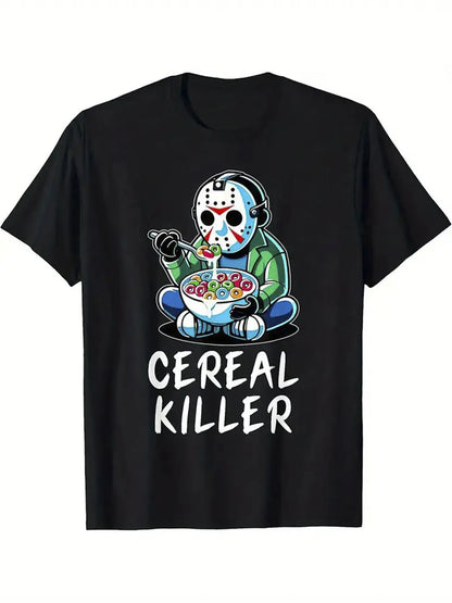 Mens 100 Cotton Cereal Killer Graphic TShirt Streetwear Loose Fit Short Sleeve Tee with Humorous Print Breathable Casual Top