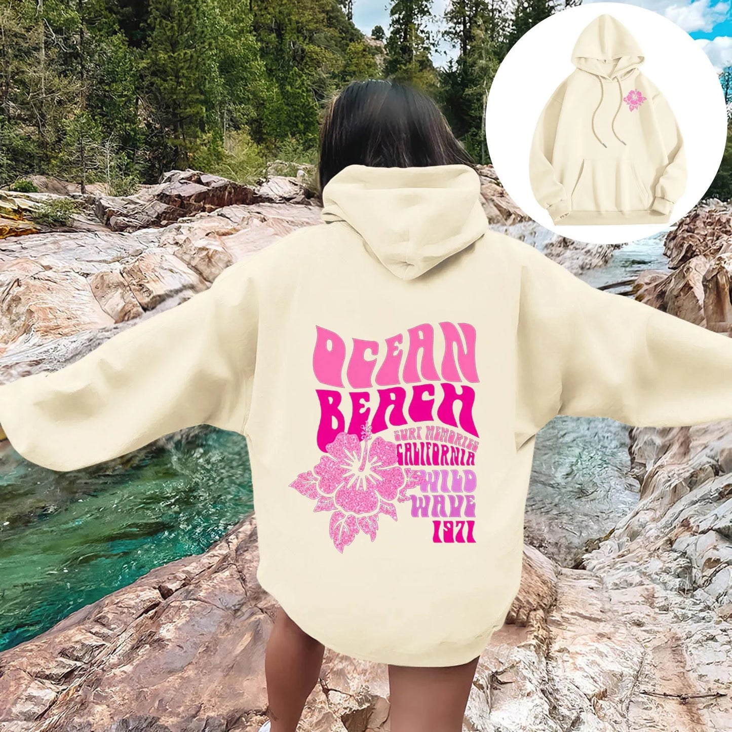 Women Sweatshirts Casual Long Sleeve Letter Graphic Tee Shirts Hooded Sweatshirts Pink Palm Puff Streetwear Fleece Warm Top