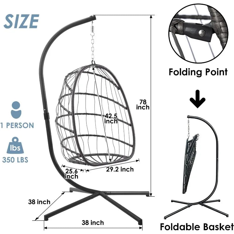 Yechen Indoor Outdoor Egg Hanging Chair with Stand, Patio Wicker Swing Egg Chair Indoor Swinging Chair Charcoal Grey (EG-001)