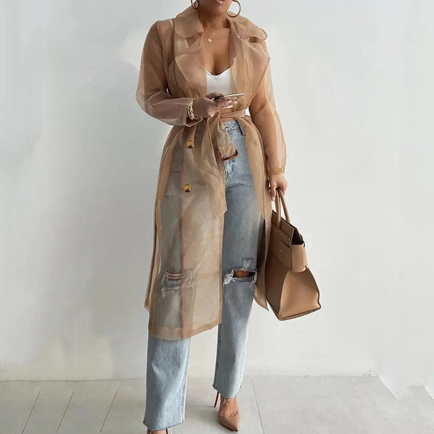 Jackets For Womens Mesh Transparent Overcoat Long Sleeve Buttoned Coat With Belt Turndown Collar Light Weight Long Jackets