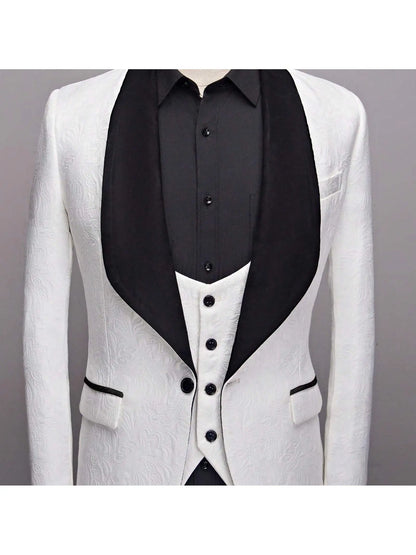 Mens 3 Piece Floral Tuxedo, Jacquard Slim Suit Set, Paisley Blazer Vest And Pants For Prom Wedding