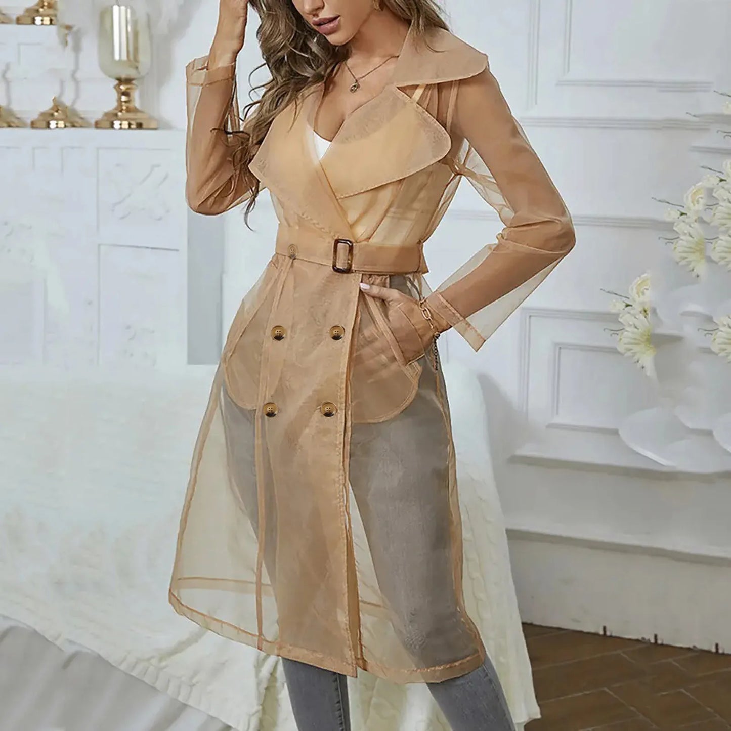 Jackets For Womens Mesh Transparent Overcoat Long Sleeve Buttoned Coat With Belt Turndown Collar Light Weight Long Jackets