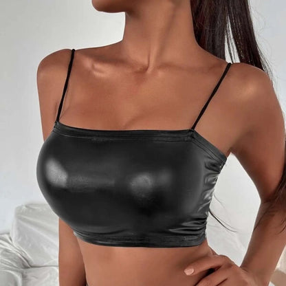 Women Sexy Black Latex Leather Crop Top Spaghetti Strap Sexy Tank Tops Ladies Vest Summer Backless Y2k Vest Tops Clubwear