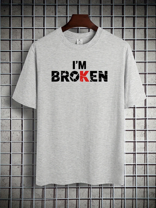 Fashion I'M BROKEN Print, Cotton Short Sleeve T-shirt For Men, Spring And Summer Round Neck Casual Versatile Cotton Top