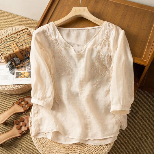 Solid Cotton Linen Blouse Women Vintage Embroidery Chiffon Shirts Loose Thin Oversized Tops Tunic Blouses Indie Folk Blusas Tops